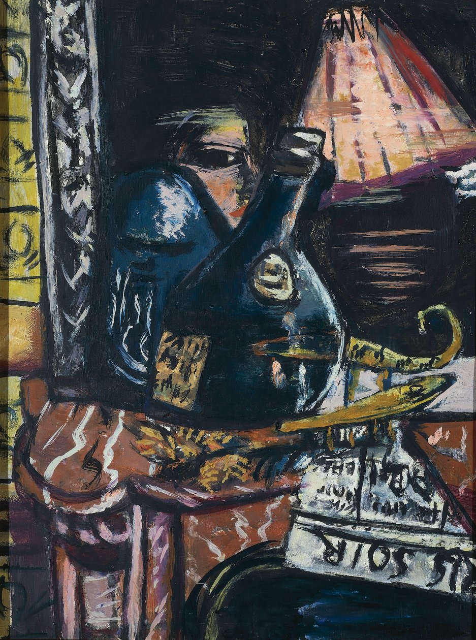 Todavía lIfe con botella de aguardiente ladeada y Buda de Max Beckmann