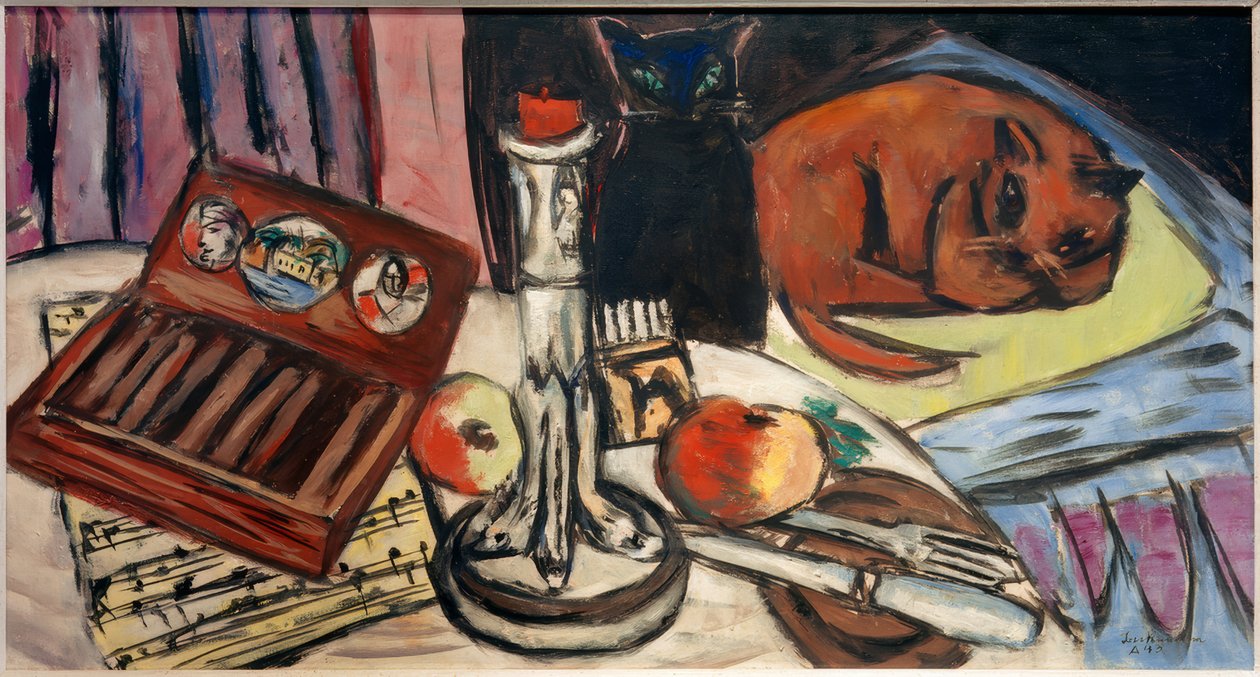 Naturaleza muerta con candelabro de plata (Naturaleza muerta con gatos) de Max Beckmann