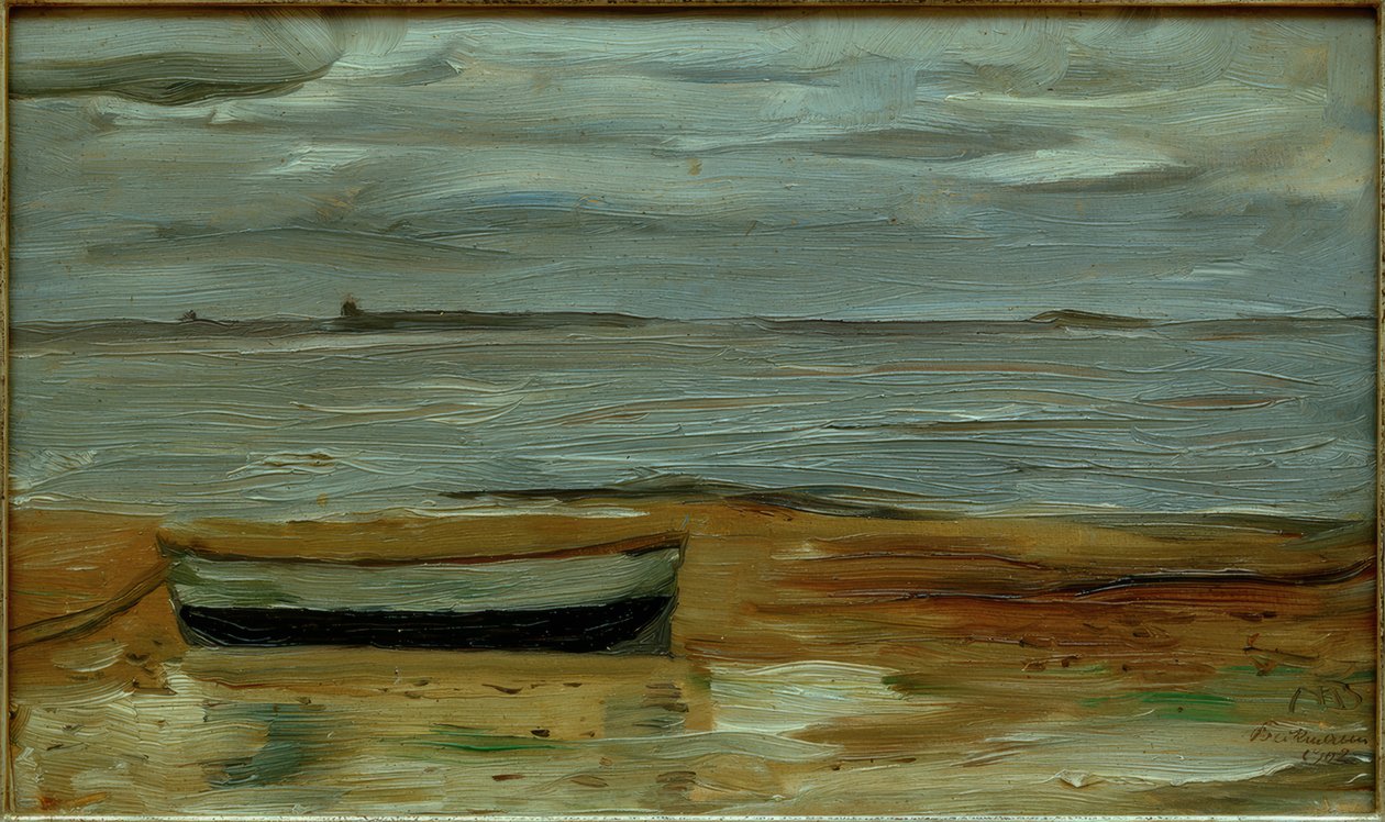 Playa con bote gris y mar gris de Max Beckmann