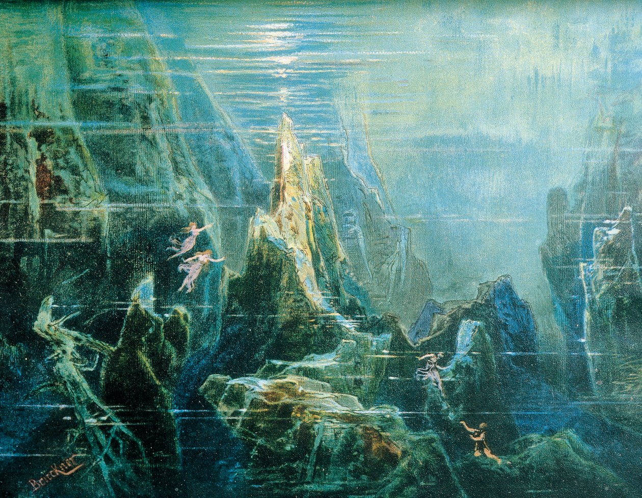Diseño de escenario para la representación de El anillo del nibelungo - El oro del Rin de Richard Wagner, las hijas del Rin de Max Bruckner