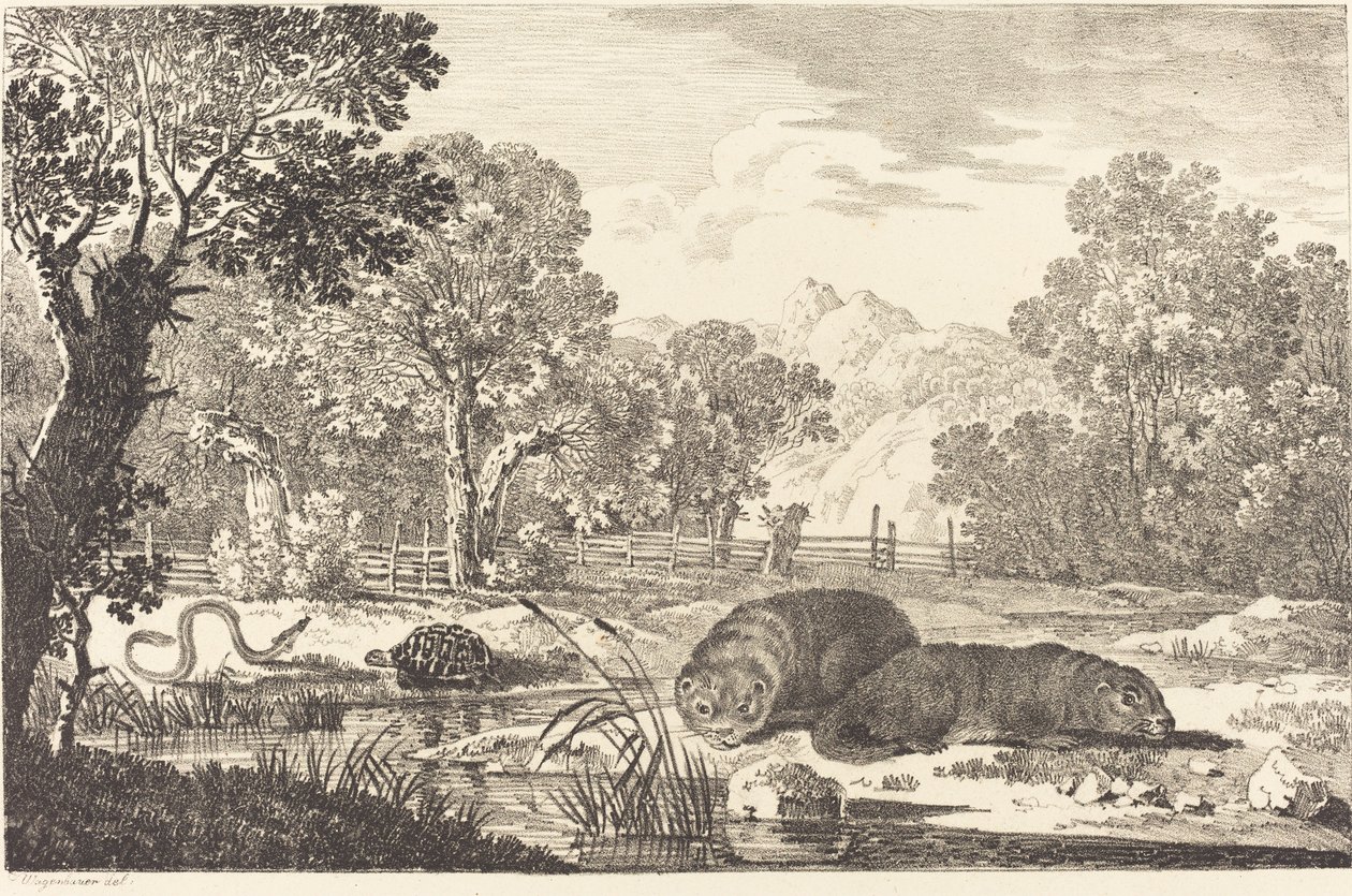 Paisaje fluvial con dos castores de Max Joseph Wagenbauer