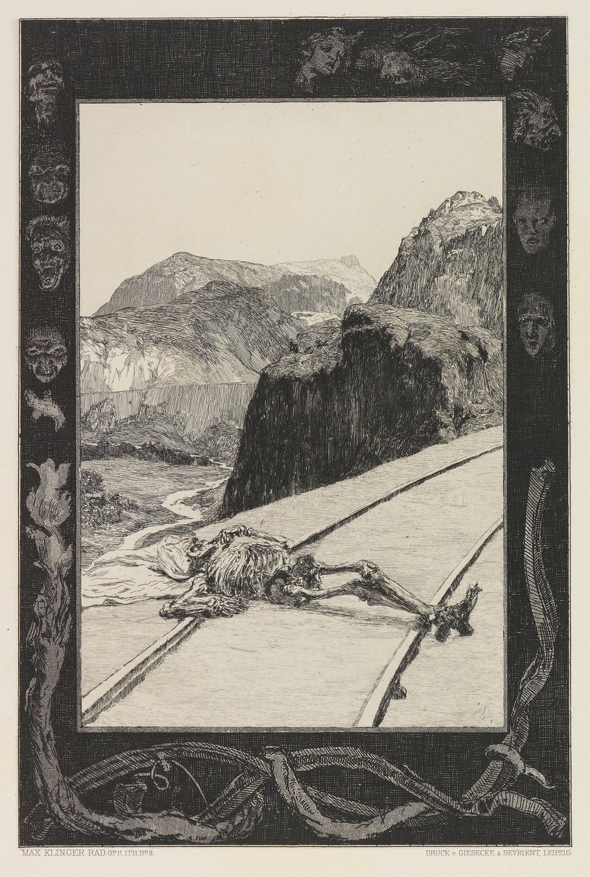 En las vías, lámina 8 de la carpeta Sobre la Muerte, Parte I, Opus XI de Max Klinger