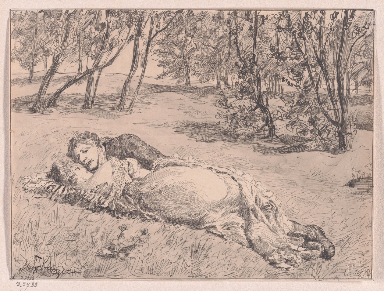 Pareja en la hierba: un abrazo en un paisaje (A Couple on the Grass–An Embrace in a Landscape) de Max Klinger