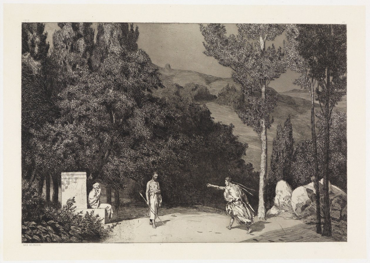 Píramo y Tisbe III (Rescates de víctimas ovidianas, Opus II, lámina 4) de Max Klinger