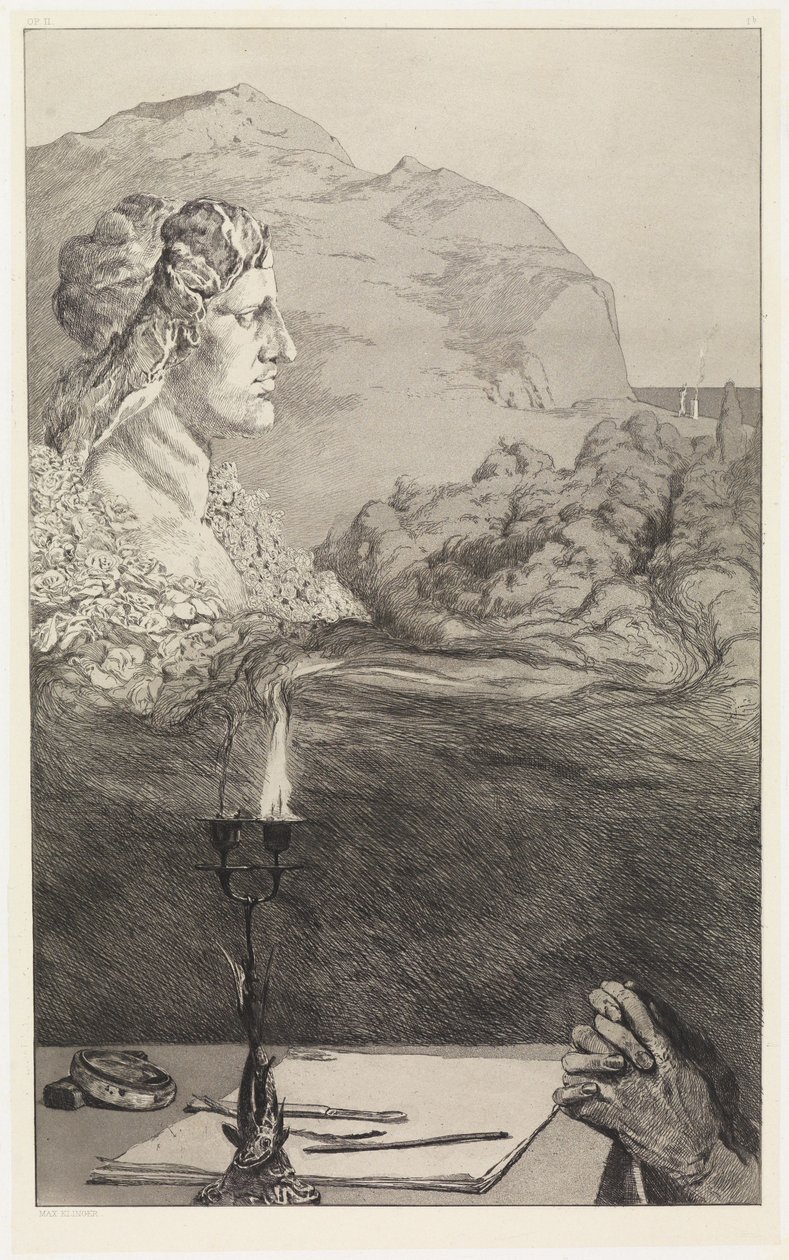 Portada (Dedicatoria pictórica / Invocación) (Rescates de los sacrificios ovidianos, Opus II, lámina 1 [1b]) de Max Klinger