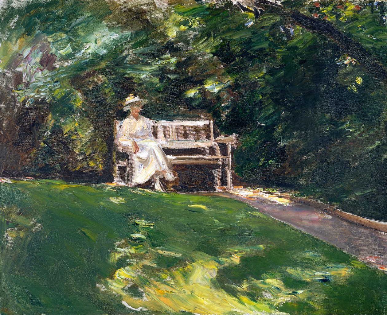 Figura de su hija en un banco blanco de jardín de Max Liebermann
