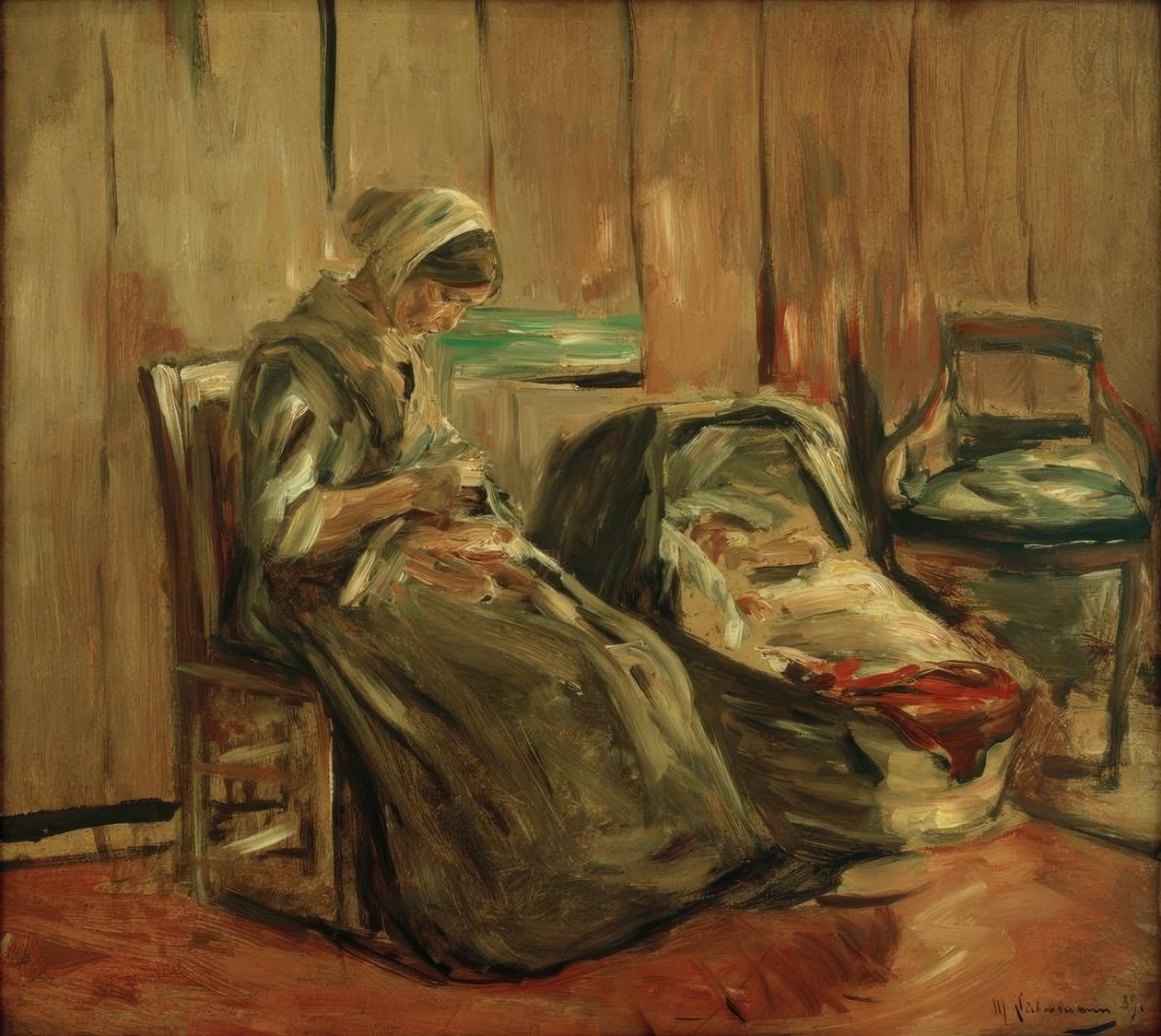 Interior con mujer cosiendo de Max Liebermann