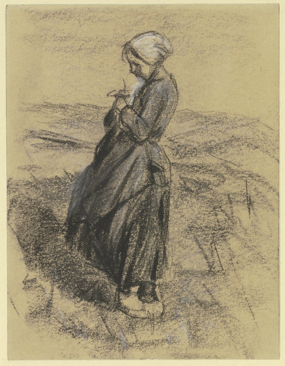 Una niña en el campo, tejiendo de Max Liebermann