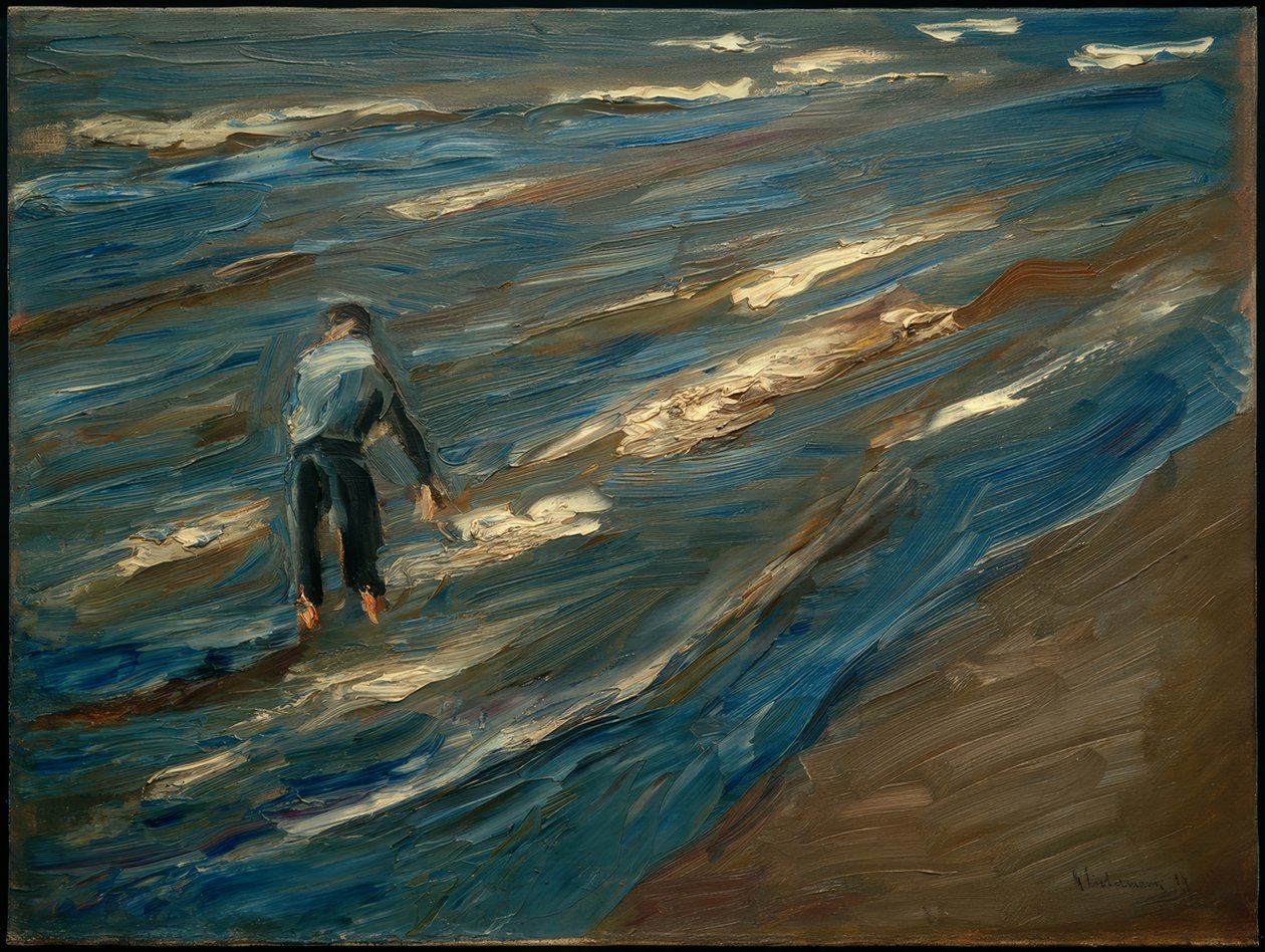 Pescadores de conchas en la playa - Mar azul de Max Liebermann