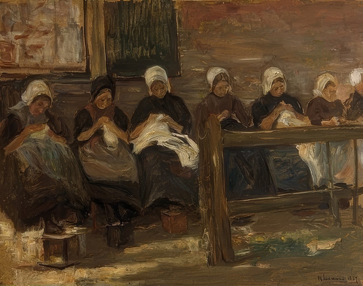 Niñas cosiendo en Huyzen - Estudio con siete figuras de Max Liebermann