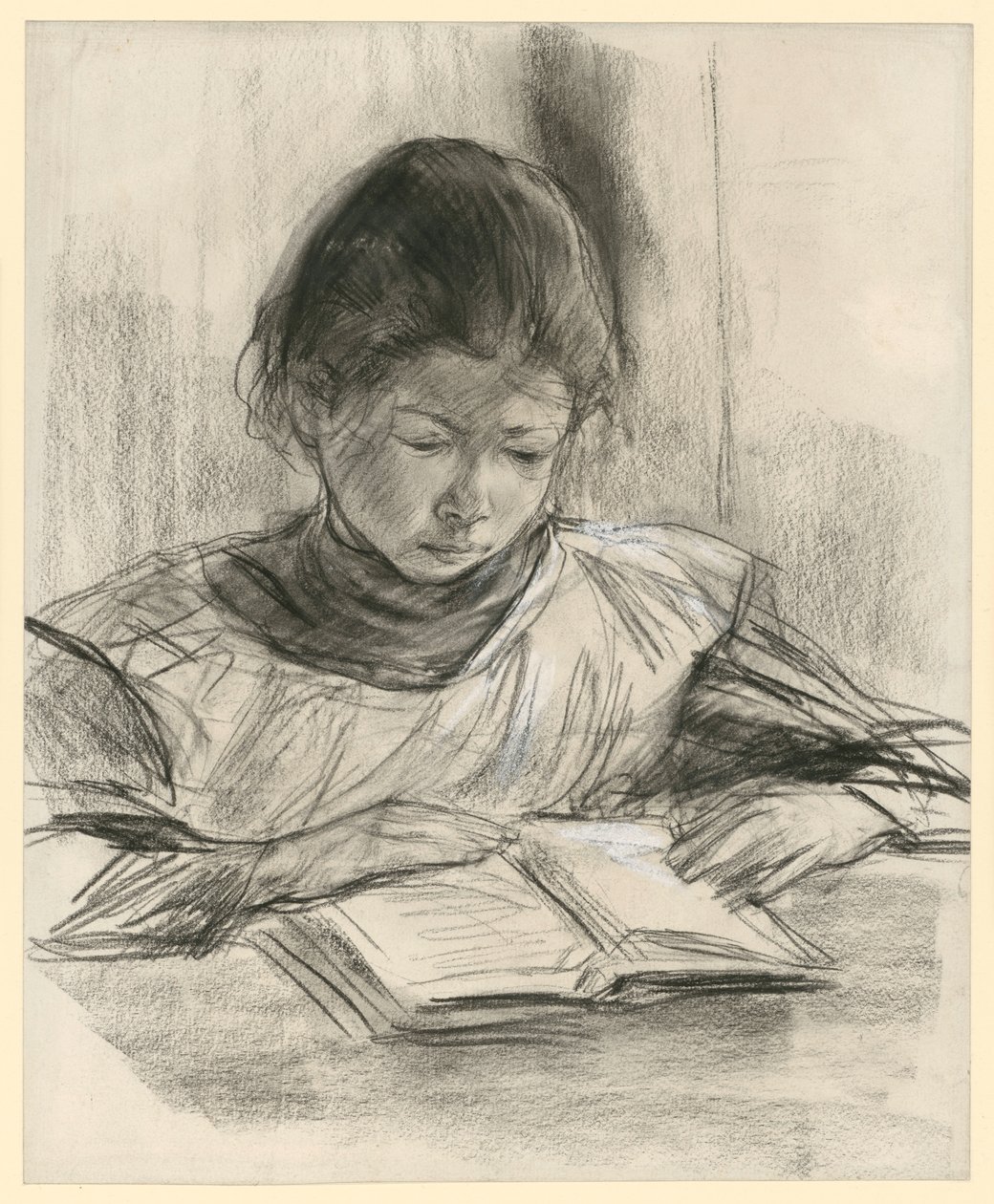 Retrato de la hija del artista. Retrato de busto de frente, sentada a la mesa y leyendo de Max Liebermann