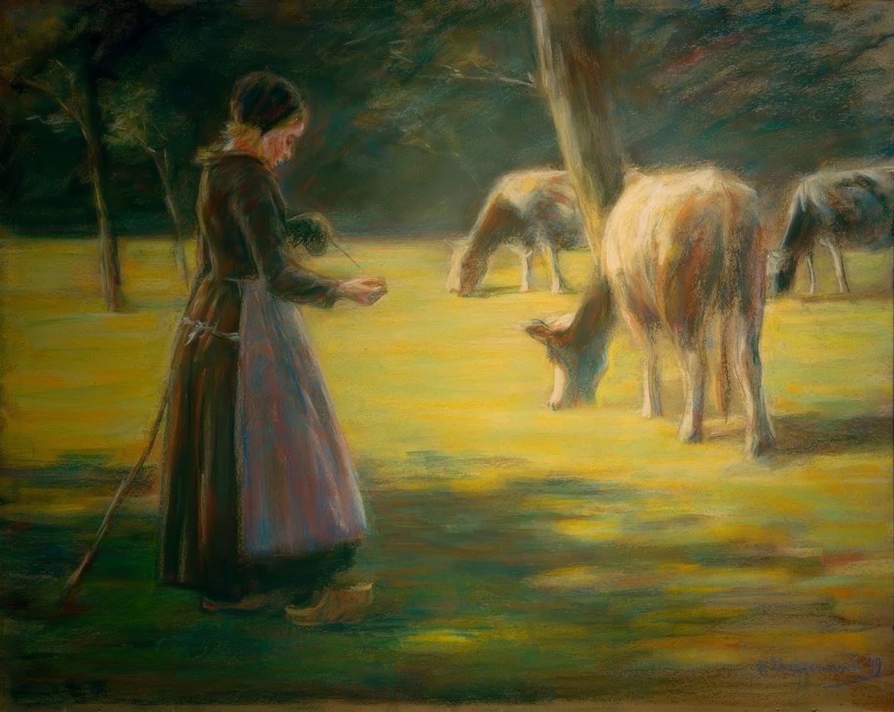 Pastora hilando en el prado - Al sol de Max Liebermann