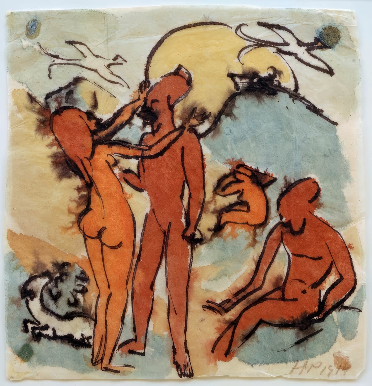 Escena de baño con aves timoneras de Max Pechstein