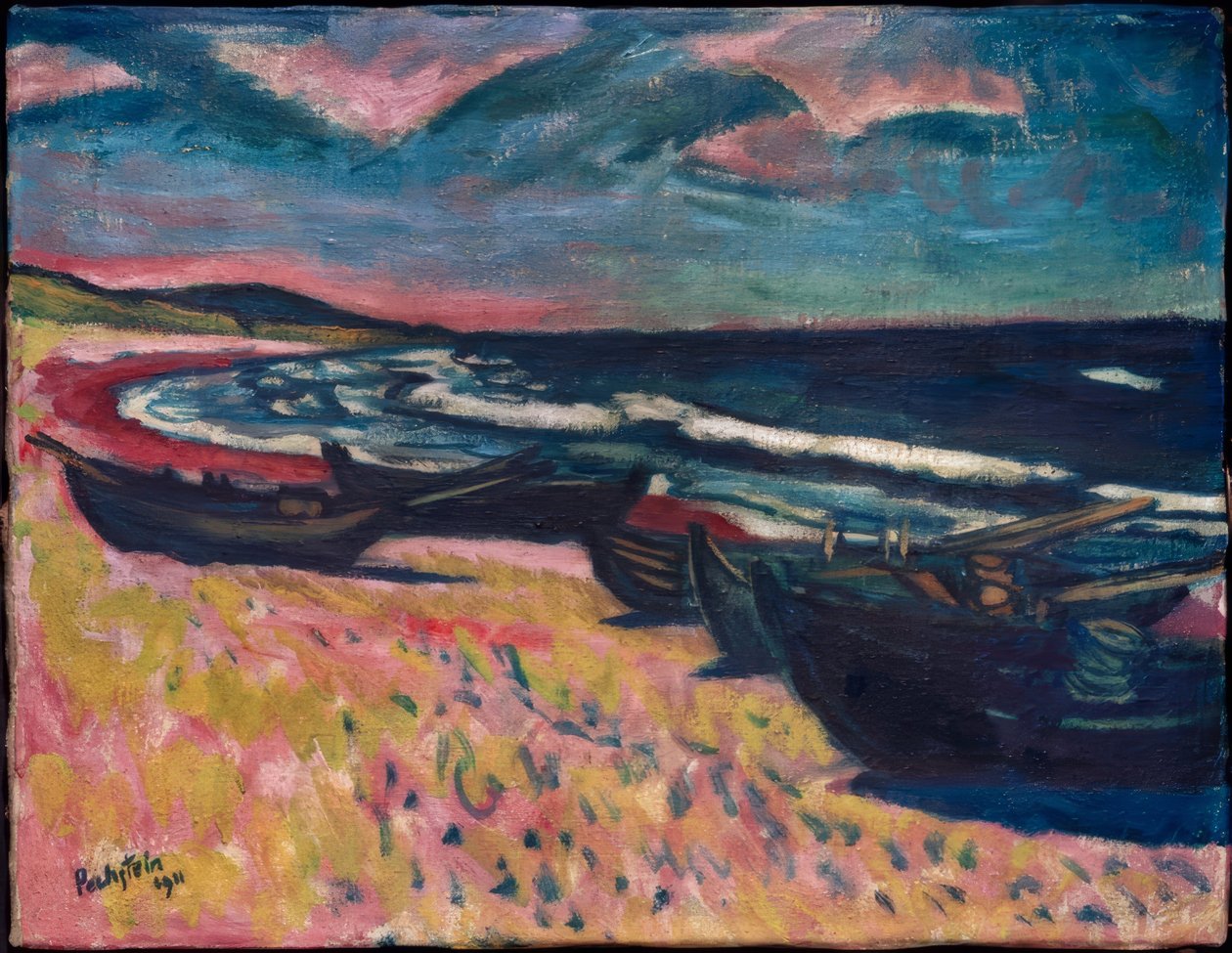Barcos en la playa de Nida de Max Pechstein