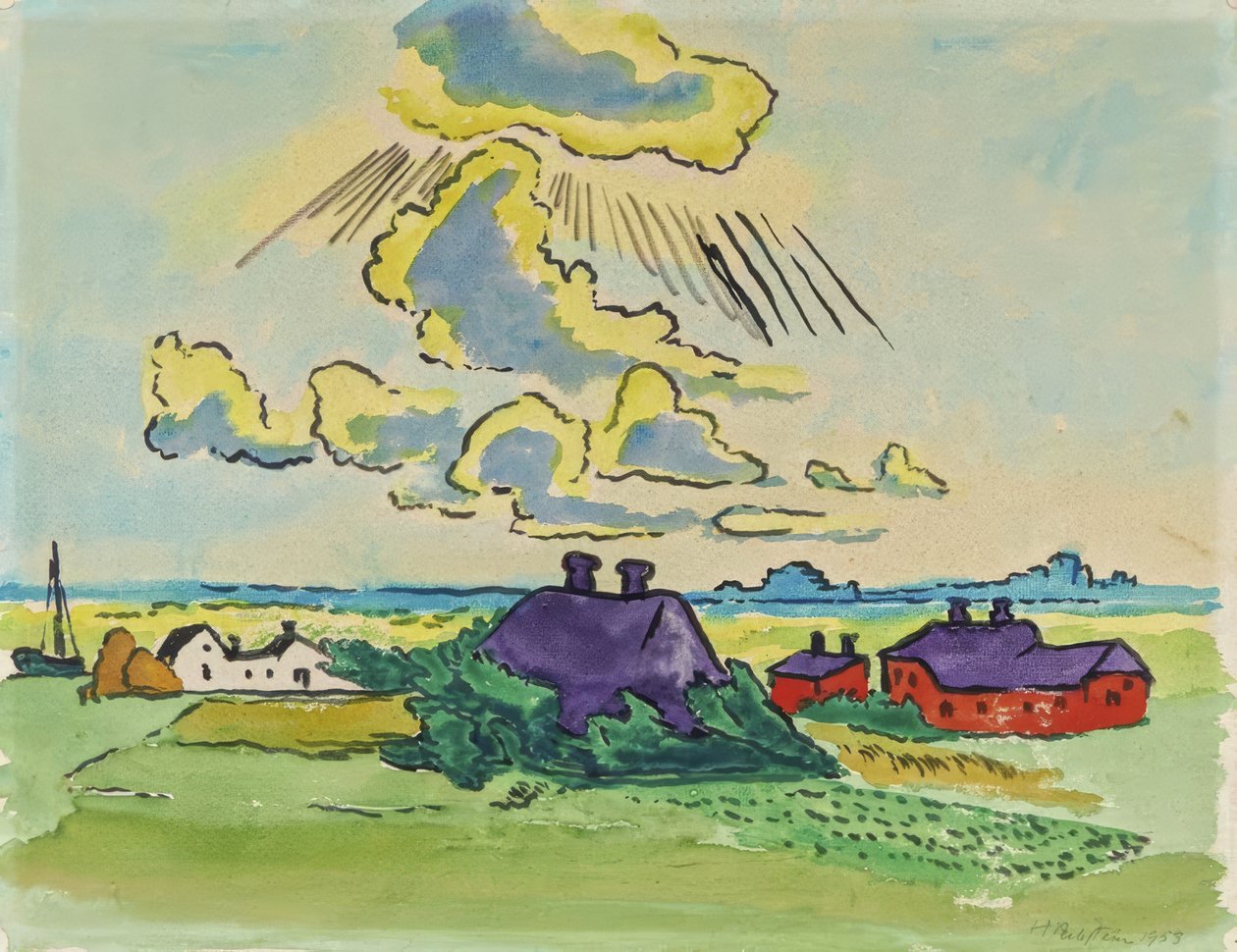 Paisaje costero con pueblo de Max Pechstein
