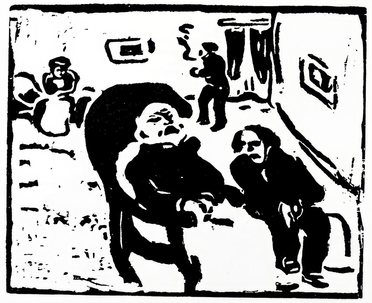 Grabado en madera que representa a personas sentadas en una sala de estar. de Max Pechstein
