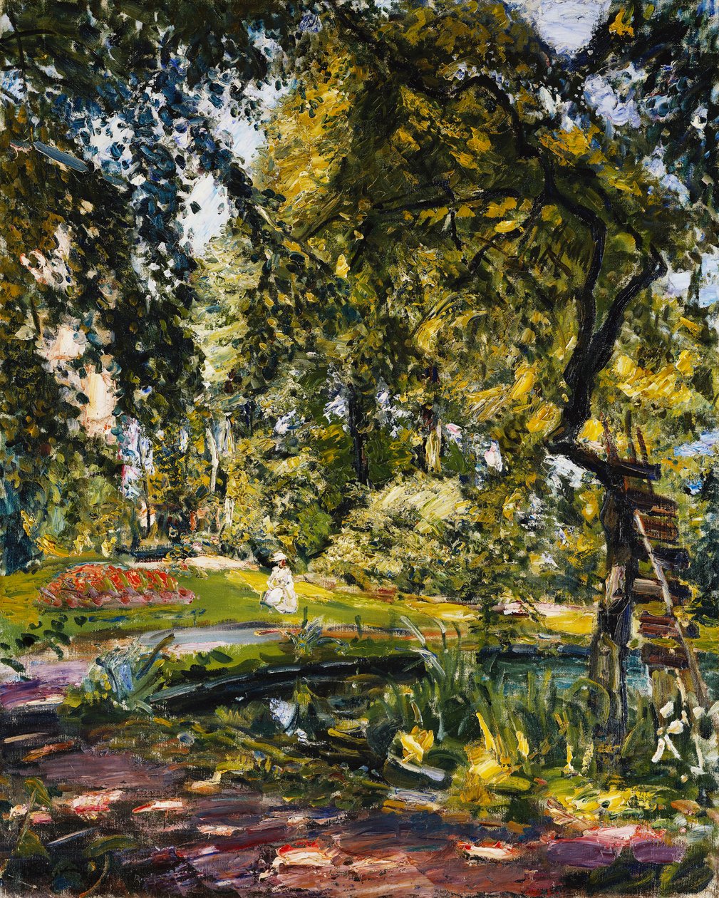 Jardín en Godrammstein con un árbol torcido y estanque de Max Slevogt