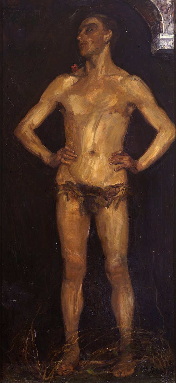 Mann. Rechte Tafel des Diptychons „Menschenpaar (Homo Sapiens)“ (Verso: weiblicher Rückenakt) de Max Slevogt
