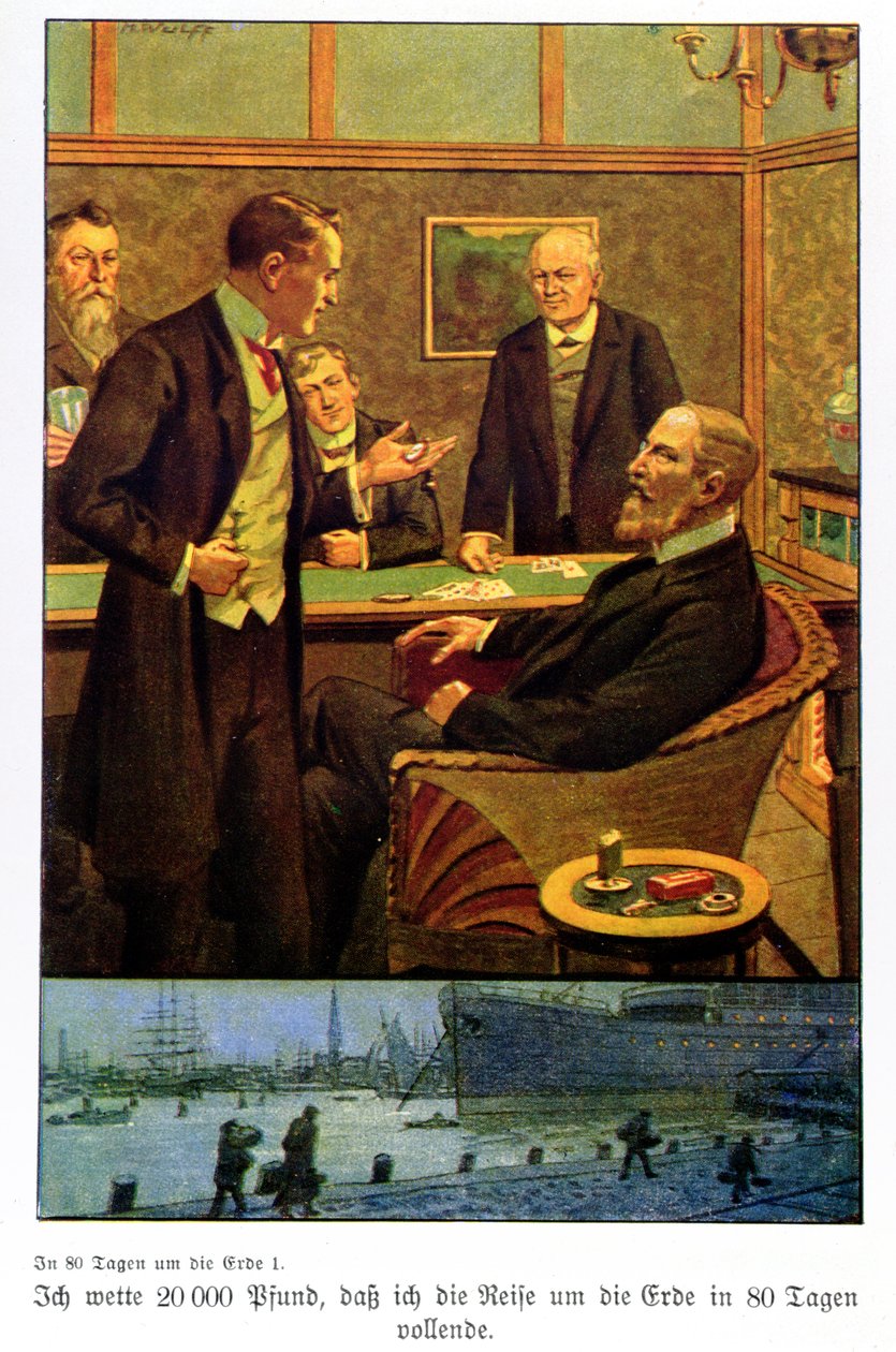 Phileas Fogg acepta la apuesta en el Reform Club de que puede dar la vuelta al mundo en 80 días, ilustración de una edición publicada en Berlín de Max Wulff