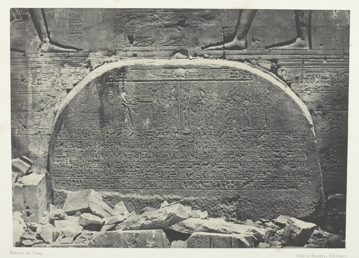 Gran Templo de Isis en Philoe, Proscynema (Acto de Adoración); Nubia, lámina 75 del álbum "Egypte, Nubie, Palestine et Syrie" (1852). de Maxime Du Camp