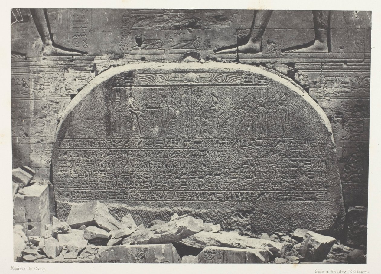Gran Templo de Isis en Philoe, Proscynema (Acto de Adoración); Nubia, lámina 75 del álbum "Egypte, Nubie, Palestine et Syrie" (1852). de Maxime Du Camp