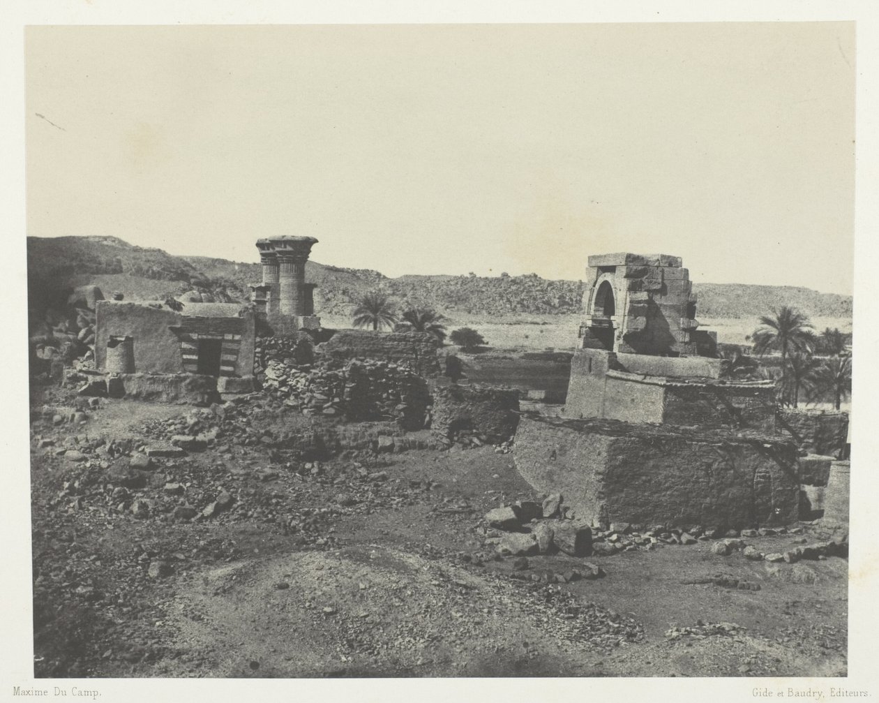 Aldea y templo en la isla de Beghé, al oeste de Philoe; Nubia, lámina 81 del álbum "Egypte, Nubie, Palestine et Syrie" (1852). de Maxime Du Camp
