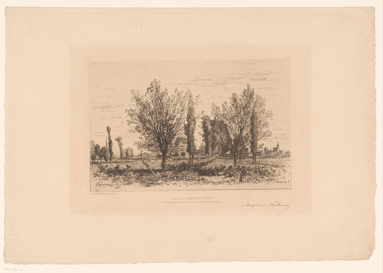 Paisaje con un prado y una vista de una ciudad. Baila los campeones de Cenon. (título en el objeto) de Maxime François Antoine Lalanne (signed by artist)