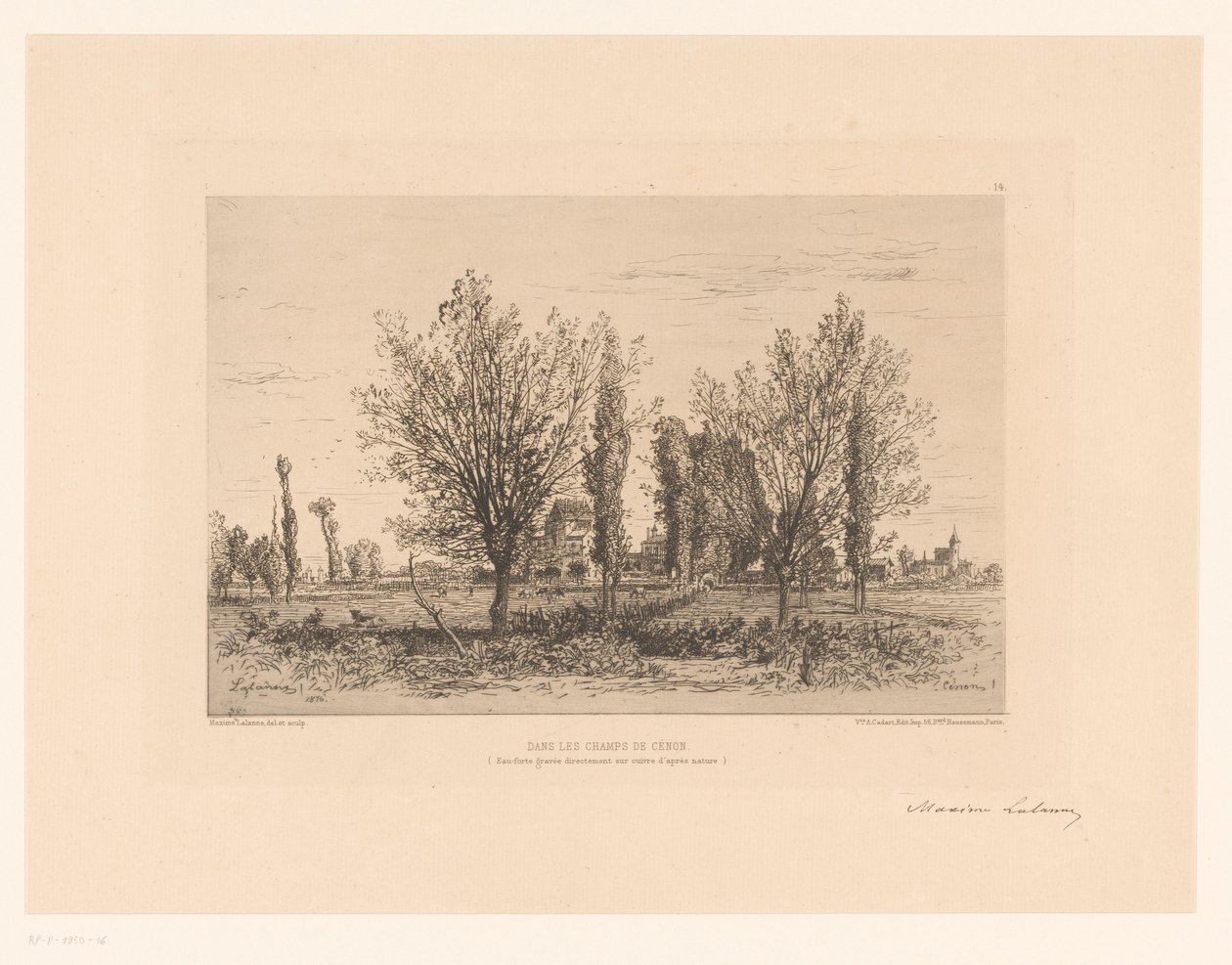 Paisaje con un prado y una vista de una ciudad. Baila los campeones de Cenon. (título en el objeto) de Maxime François Antoine Lalanne (signed by artist)