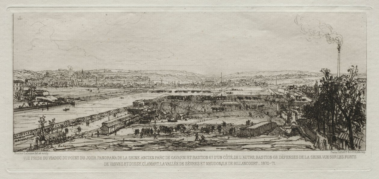 Souvenir artísticos del Sitio de París: Vista tomada del viaducto del Pont-du-Jour, 1870-71 de Maxime Lalanne