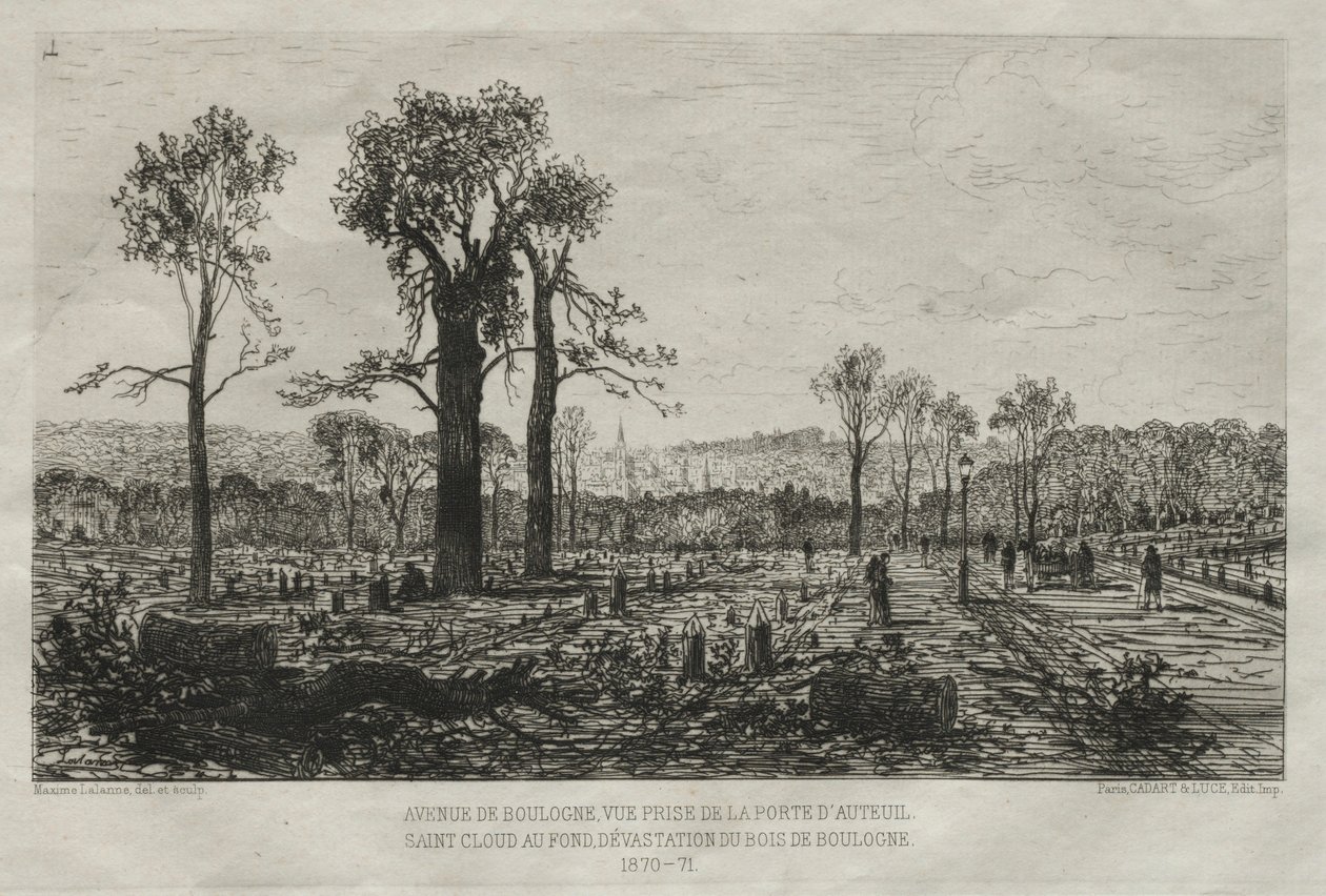 Souvenirs artísticos del Sitio de París: Avenida de Boulogne, Vista desde la puerta de Auteuil..., 1879 de Maxime Lalanne