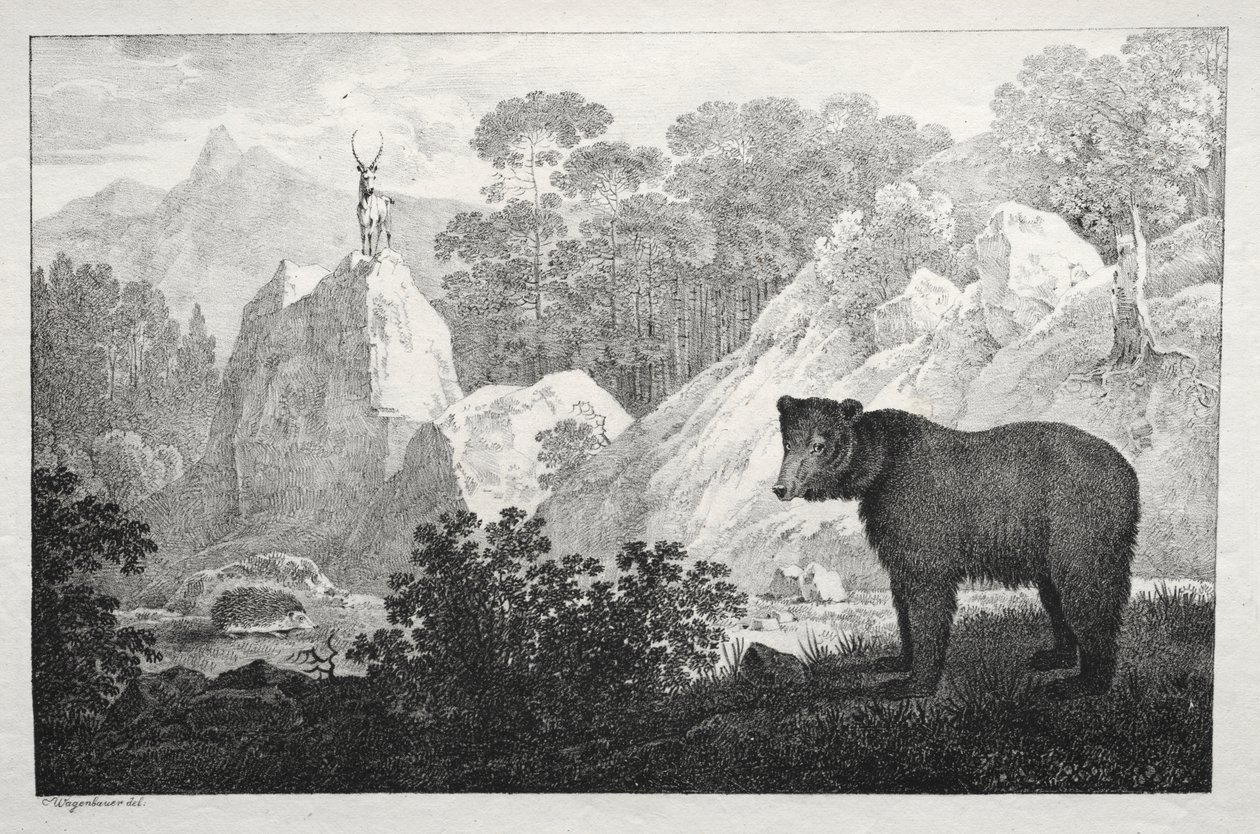 Paisaje montañoso con oso en primer plano de Maximilian Josef Wagenbauer