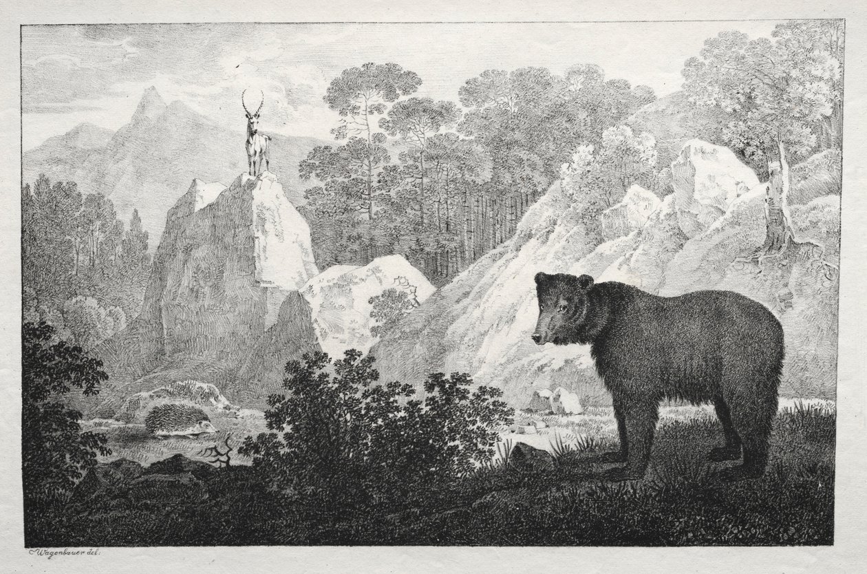 Paisaje montañoso con oso en primer plano de Maximilian Josef Wagenbauer