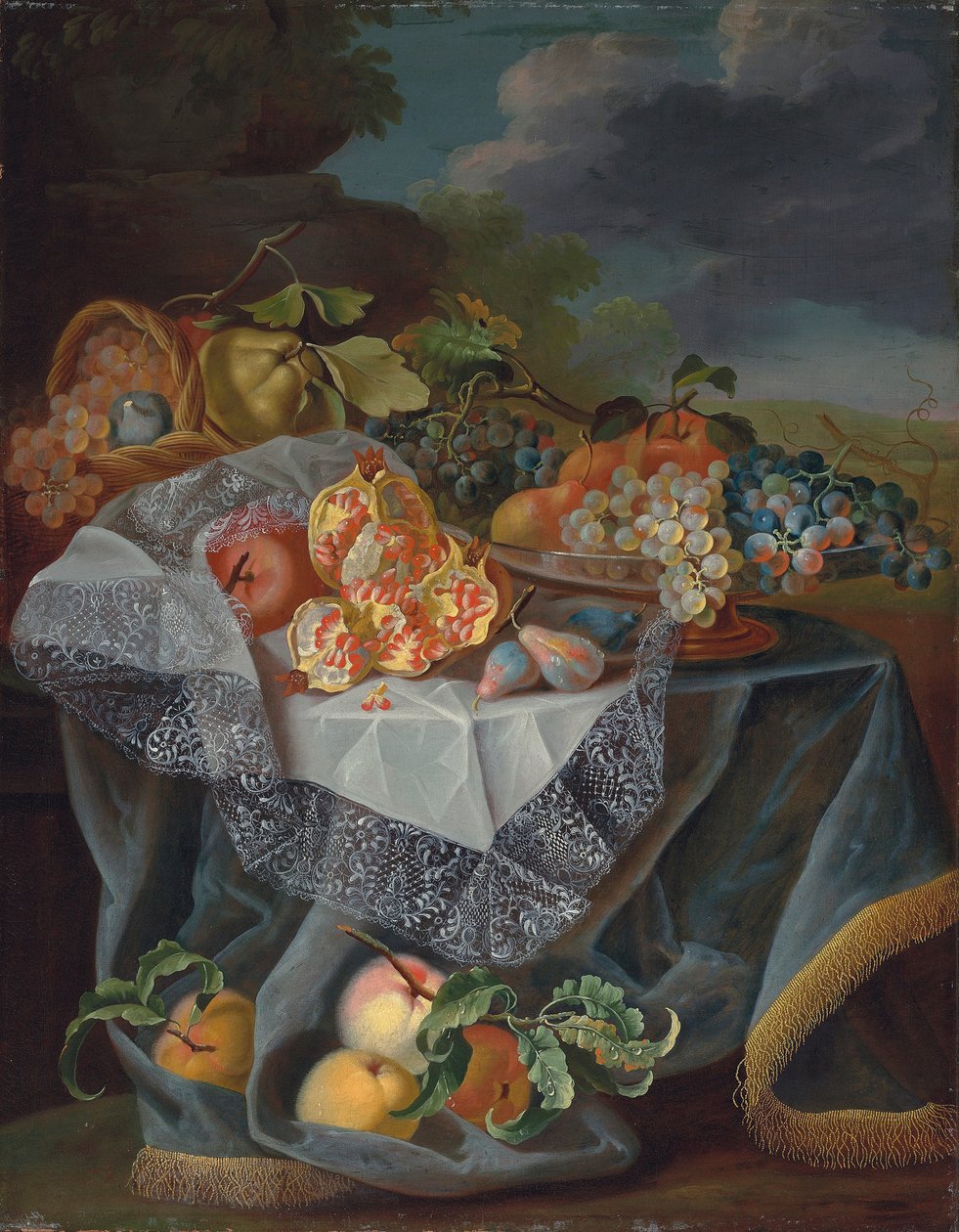 Uvas, peras y una manzana en un recipiente de vidrio, granadas y una cesta tejida con frutas en una mesa cubierta, y un paisaje de parque más allá de Maximilian Pfeiler or Pfeiller