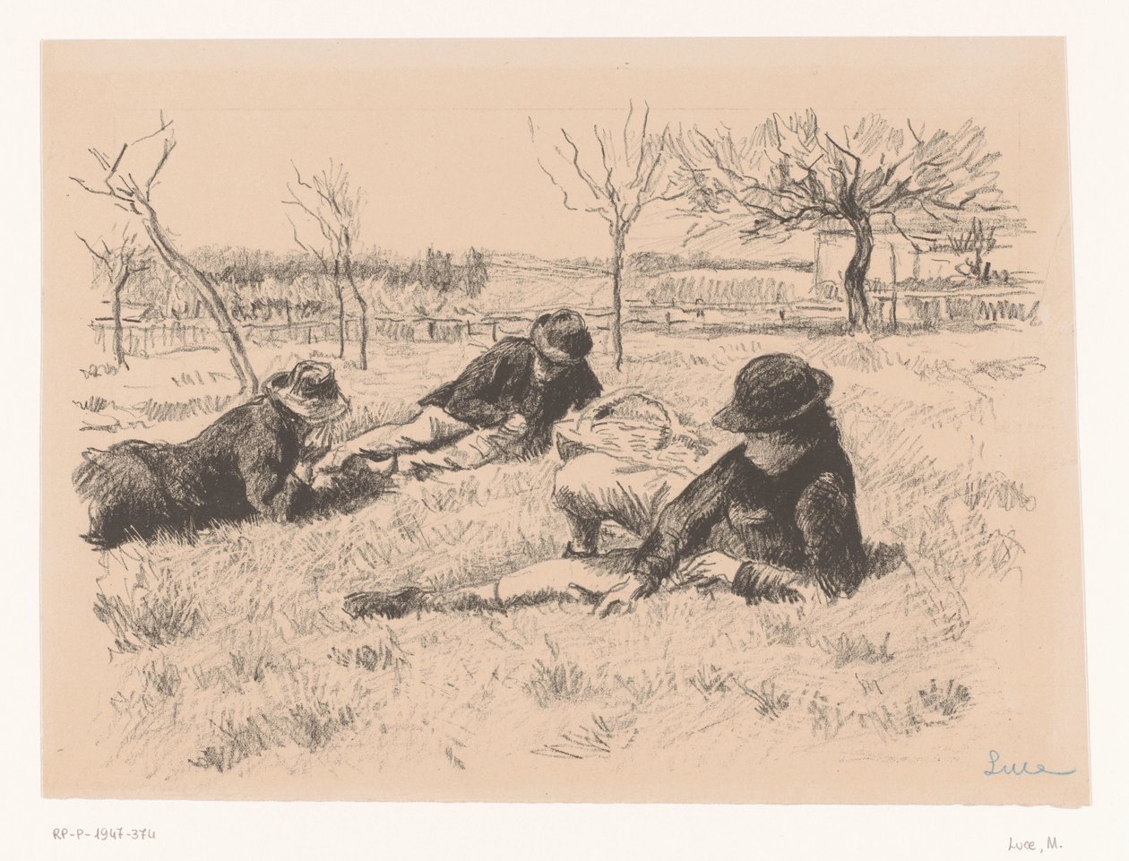 Tres hombres descansan en un prado de Maximilien Luce (signed by artist)
