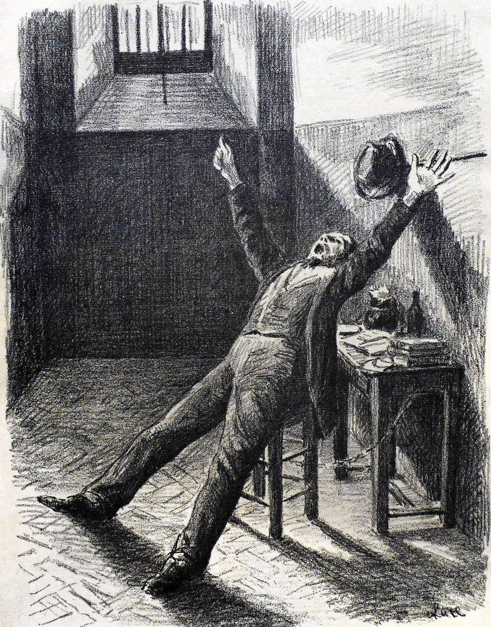 Félix Fénéon (1861-1944), crítico de arte y coleccionista, en prisión (en la celda) - litografía (1894) de Maximilien Luce (1858-1941) del libro de Julles Valles Mazas de Maximilien Luce