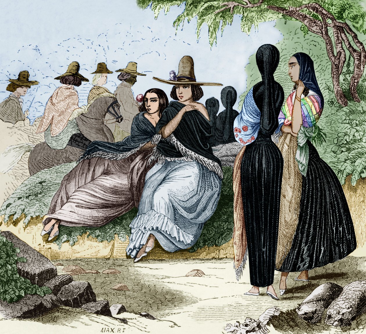 Mujeres de Lima en Perú, grabado del viaje de Radiguet en Lima en la década de 1840, documento coloreado de Maximilien Radiguet