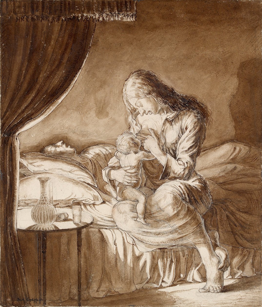 Escena Nocturna - Mujer alimentando a su Hijo, c. 1900s de Maxwell Gordon Lightfoot