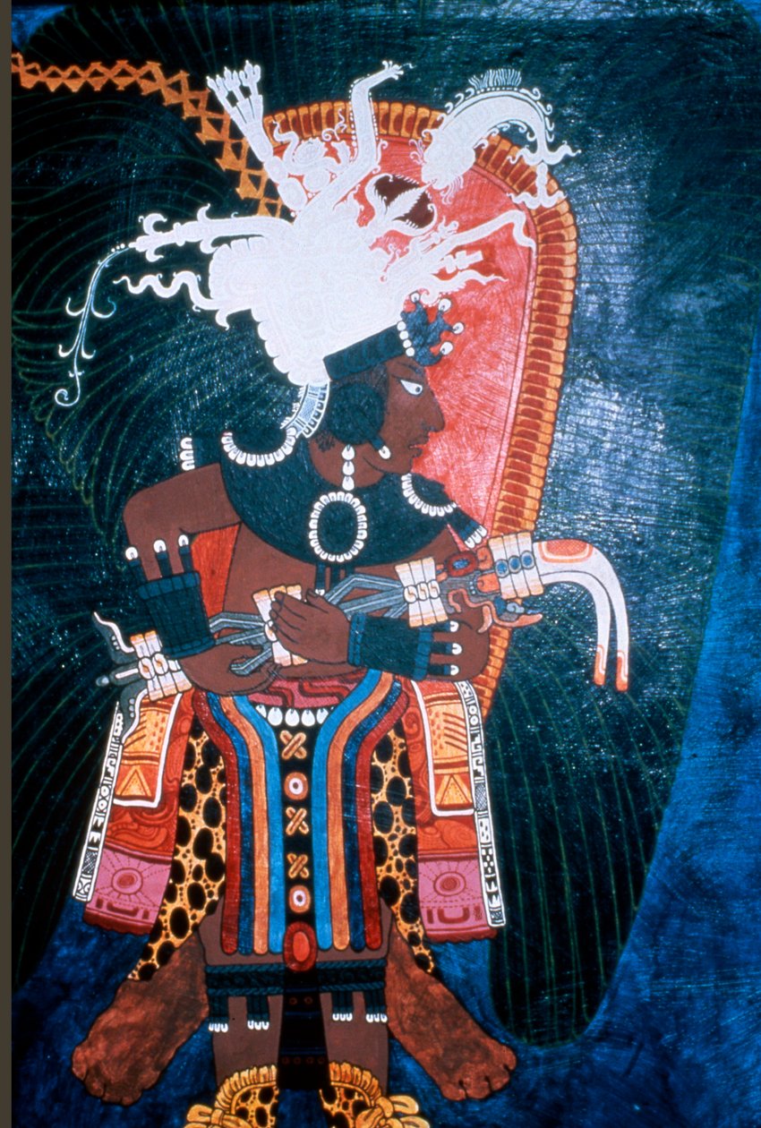 Reproducción de un mural que muestra a un gobernante vestido para una ceremonia, del Templo de los Murales, Bonampak de Mayan