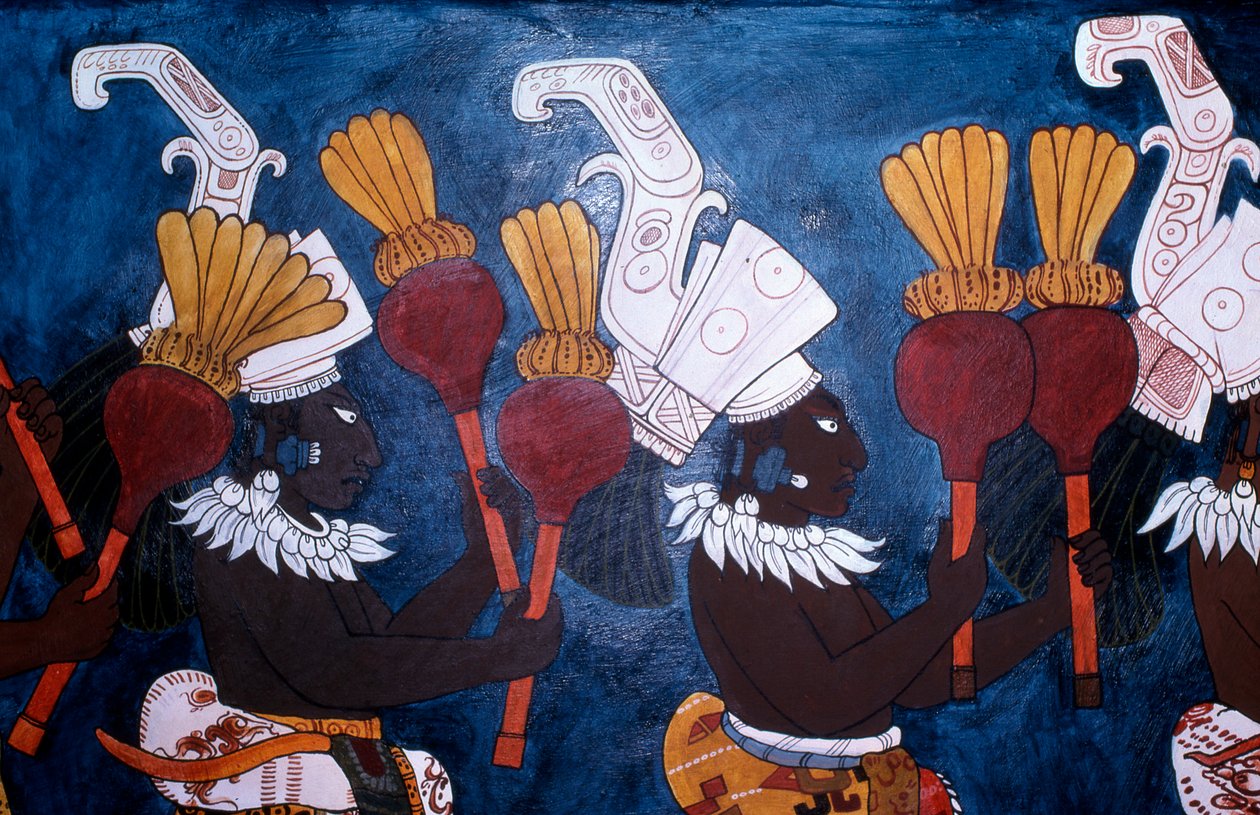 Reproducción de un mural que muestra músicos con sonajas durante una ceremonia, del Templo de los Murales, Bonampak de Mayan