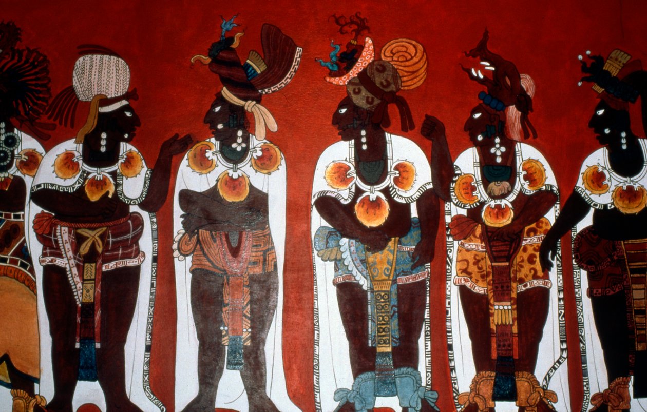 Reproducción de un mural que muestra a hombres nobles vestidos para una ceremonia, del Templo de los Murales, Bonampak de Mayan