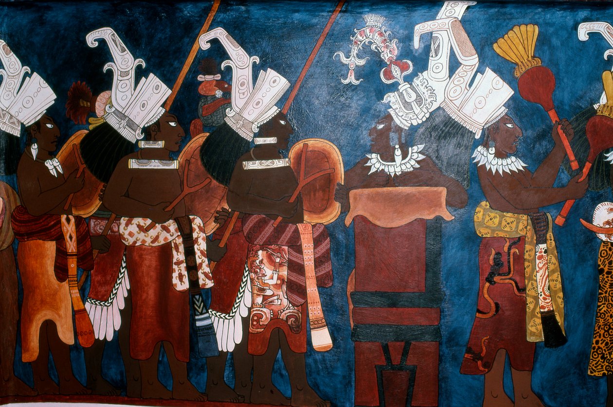 Reproducción de un mural que muestra sirvientes y músicos durante una ceremonia, del Templo de los Murales, Bonampak de Mayan