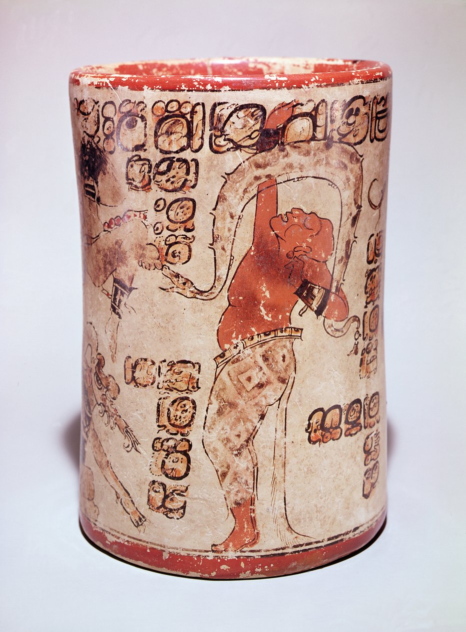Jarra que representa a un hombre bailando con una serpiente, encontrada en una tumba en Altar de Sacrificios, Clásico Maya de Mayan