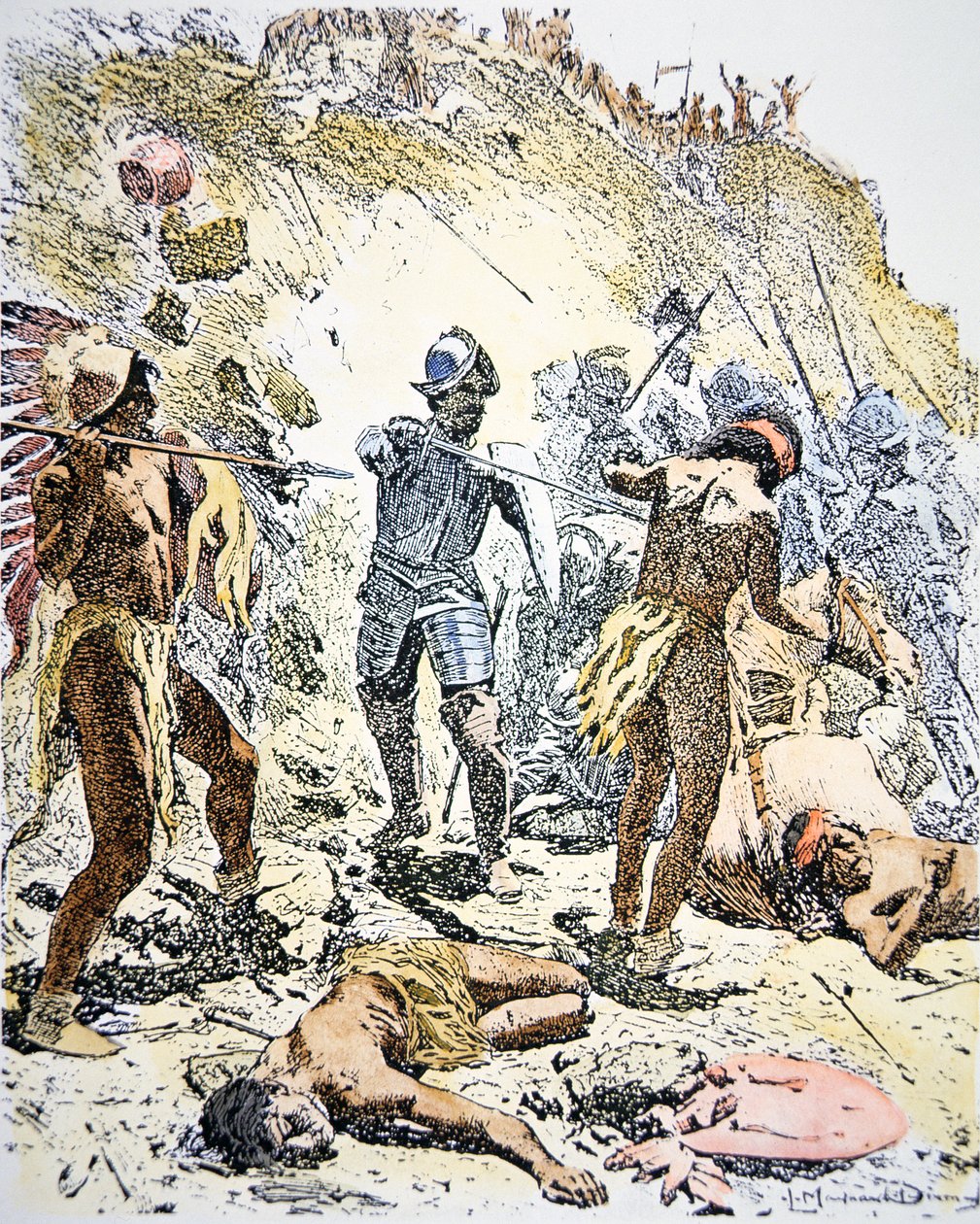 La revuelta de los indios Pueblo de 1680 (grabado coloreado) de Maynard Dixon