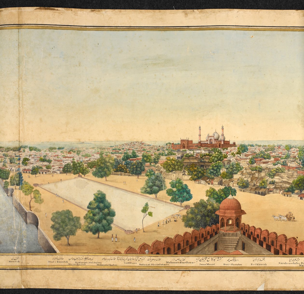 Sección de un panorama de Delhi, que muestra Jama Masjid de Mazar or Mazhar Ali Khan