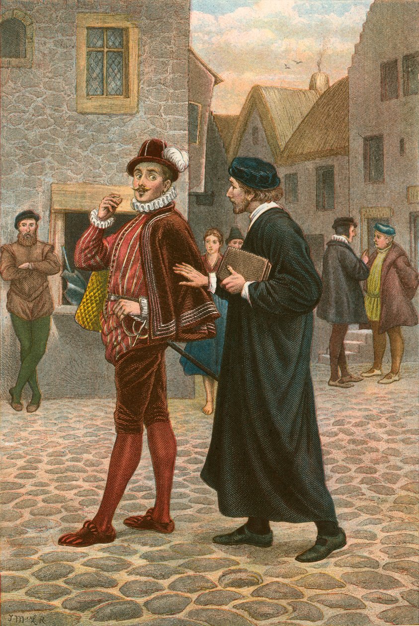 John Welch aborda a Robert Glendinning, prediciendo su llamada a sucederle en el Ministerio (grabado coloreado) de McLaren John Ralston