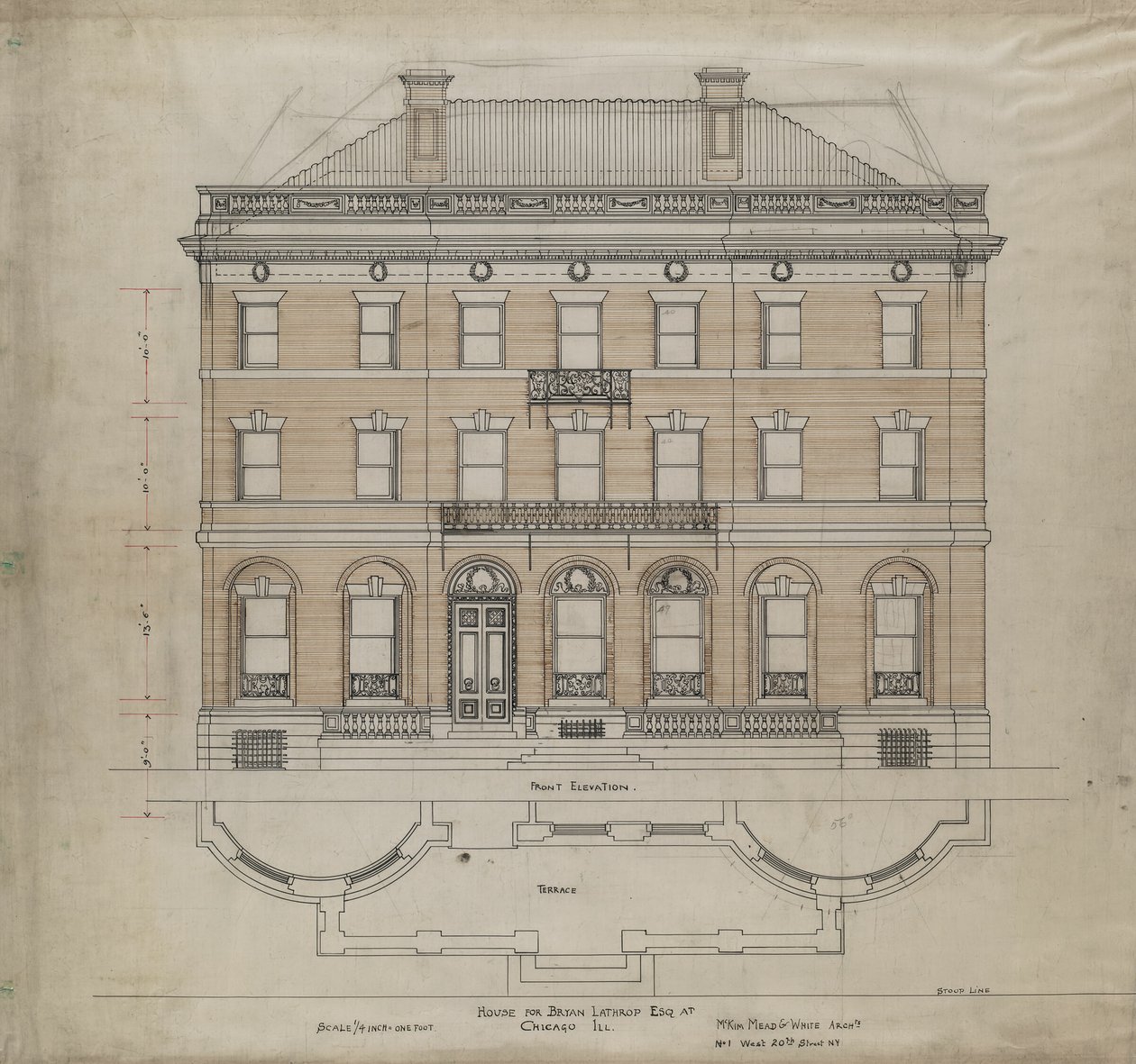 Casa Bryan Lathrop, Chicago, Illinois, alzado frontal y plano de la terraza de Mead and White McKim