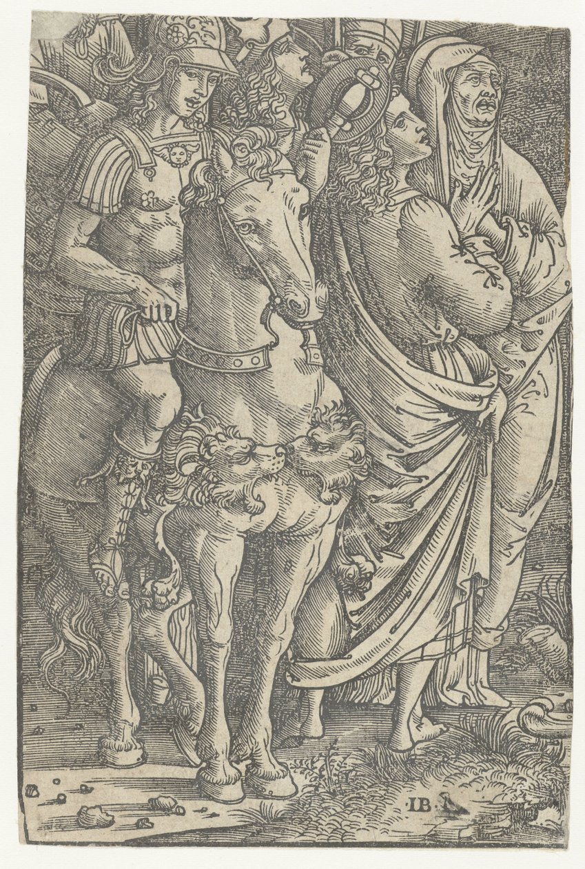 Fragmento de una Crucifixión con Juan el Evangelista y María y soldados de Meester IB met de vogel