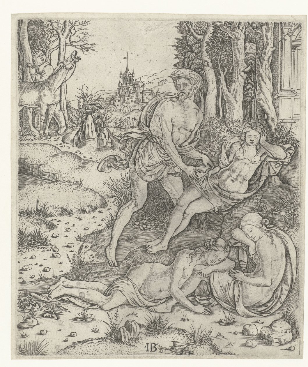 Priapus vergrijpt mismo aan la ninfa Lotis de Meester IB met de vogel