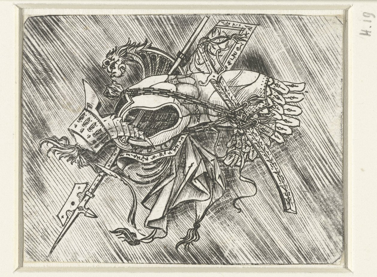 Trofeos de armas, incluyendo armadura y casco y alabarda de Meester van 1515