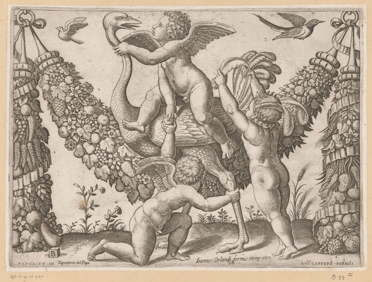 Tres amorcillos y un avestruz Tapices del Papa (título de la serie) Tapezzerie de Papa (título de la serie sobre el objeto) de Meester van de Dobbelsteen